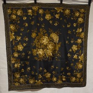 Black Floral Square Silk Scarf with Golden Roses
